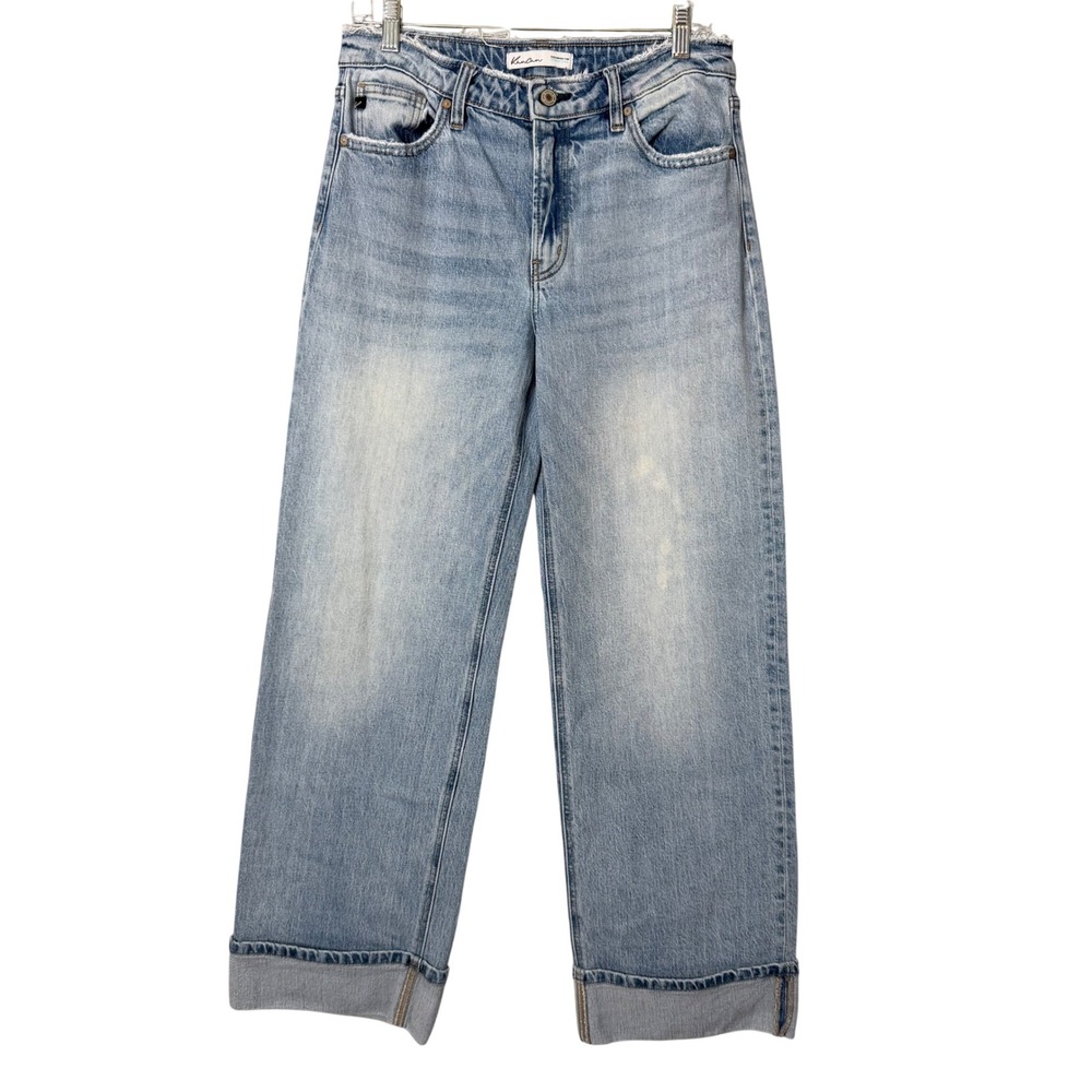 Kancan Wide Leg Jeans Womens 28 Blue Light Wash Cuffed Distressed High Waist